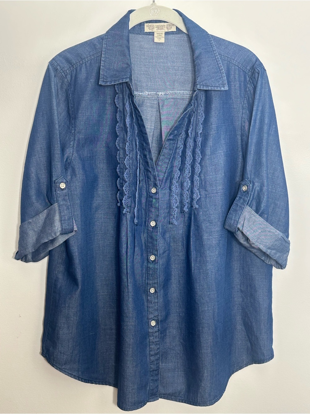 Vintage America Blues Chambray Lace Trim Boho Top L